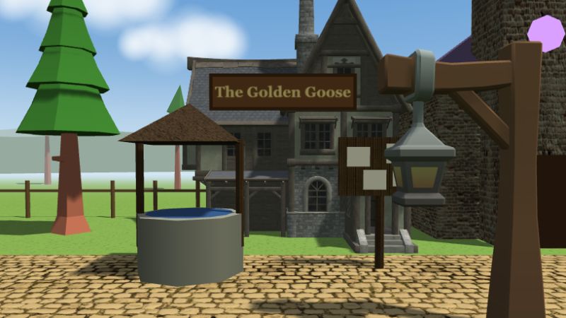 A village street in Castle Quest, with the inn and the well